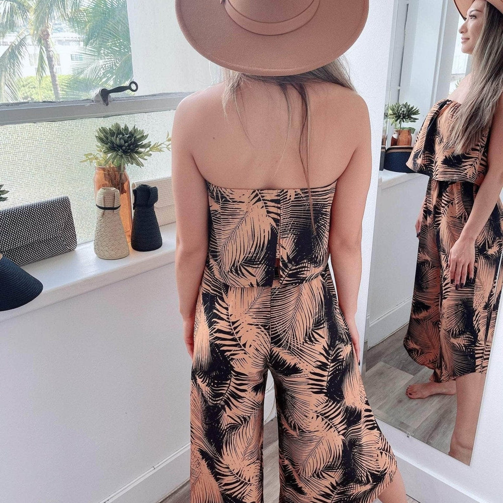 FINAL SALE- Printed Strapless Curved Hem Gaucho Jumpsuit with Pockets - Posh Hawaii™