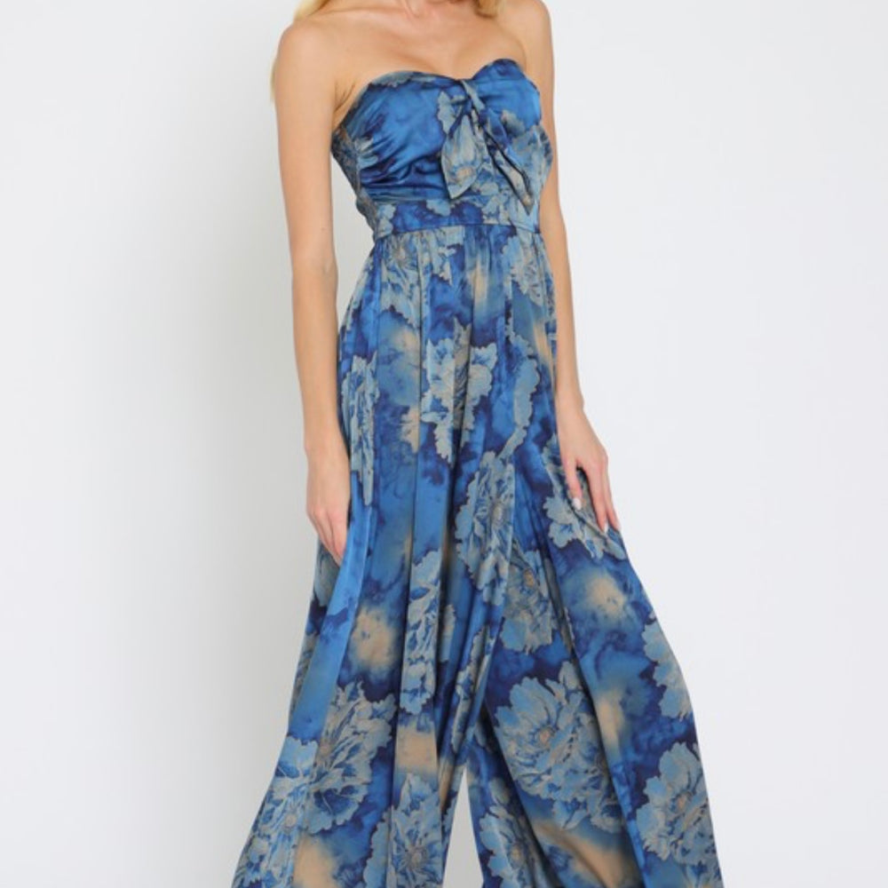 Fallen Petals Strapless Smocked Back Tie Front Jumpsuit