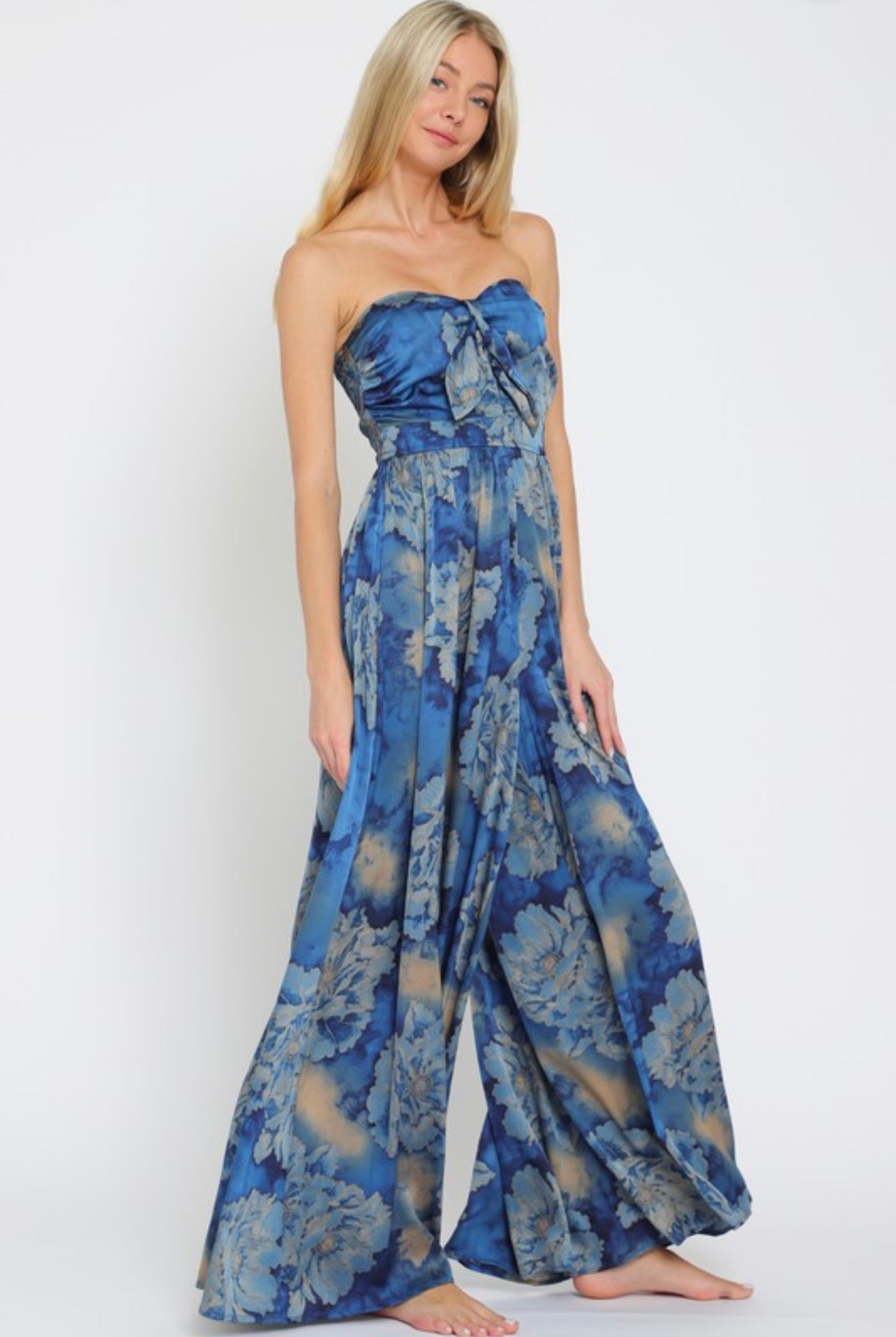 Fallen Petals Strapless Smocked Back Tie Front Jumpsuit