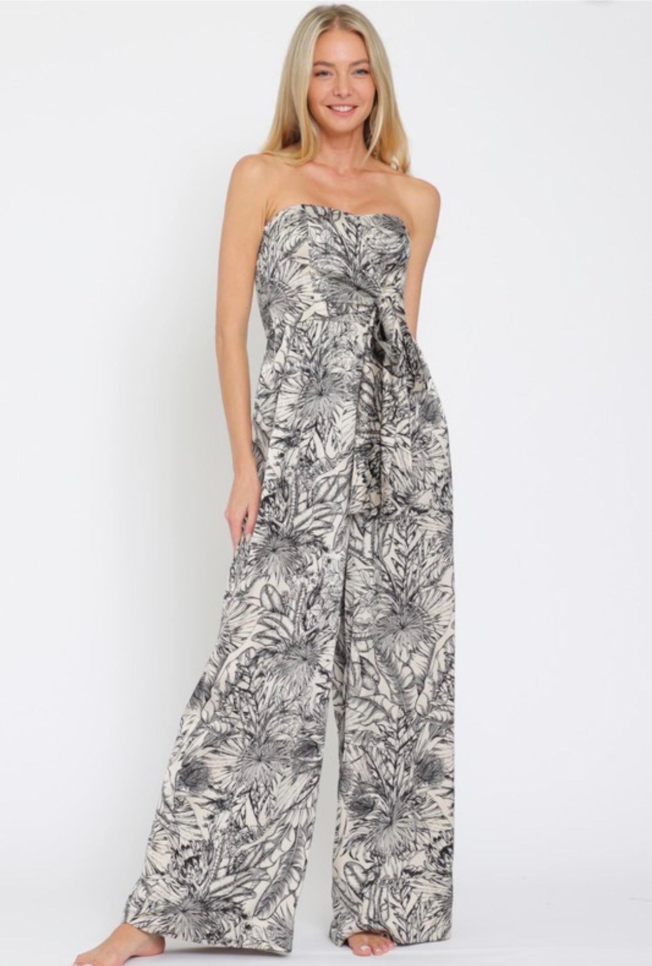 Twilight Flora Print Strapless Tie Front Waisted Jumpsuit