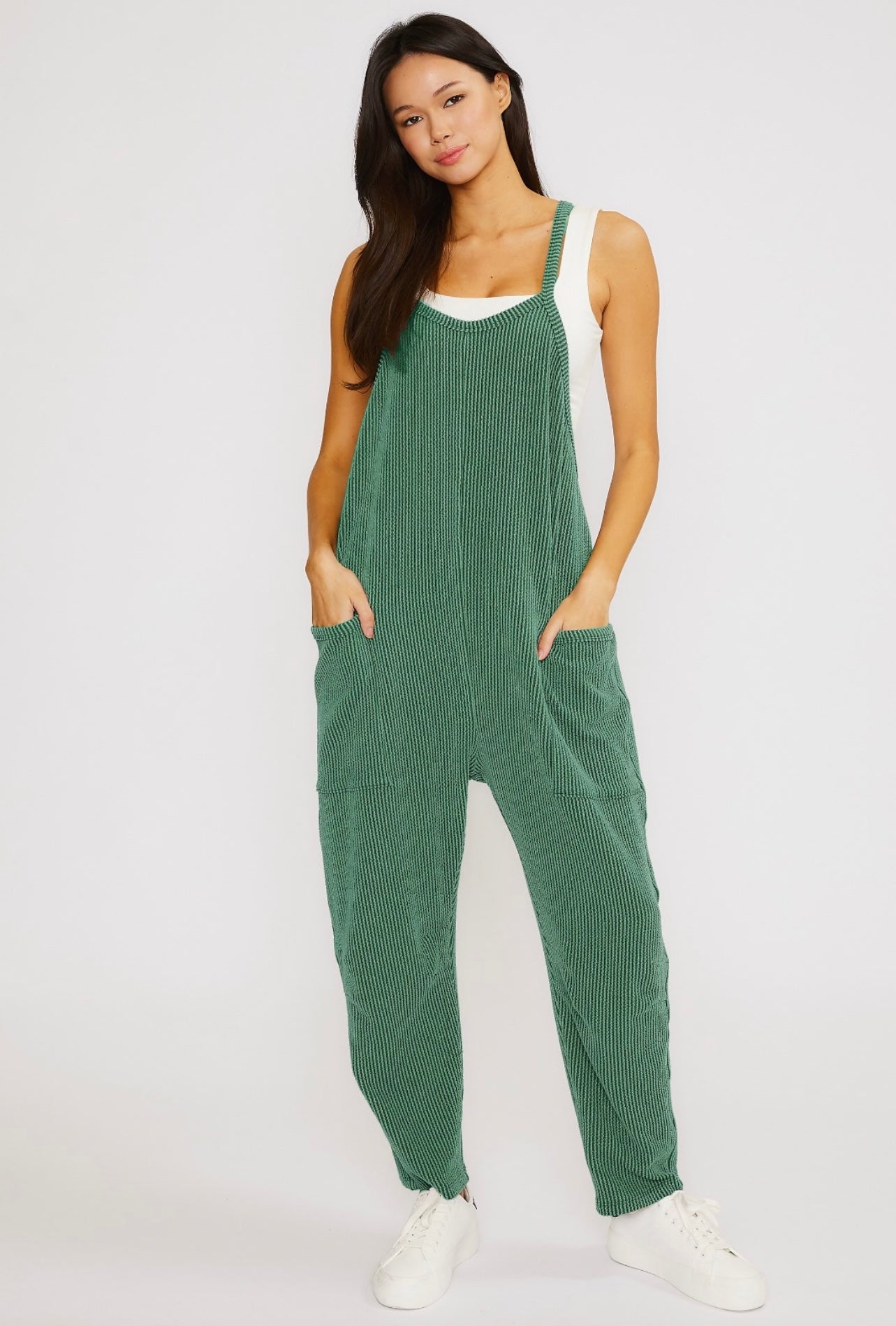 Wave Ribbed Tank Jumpsuit with Pockets