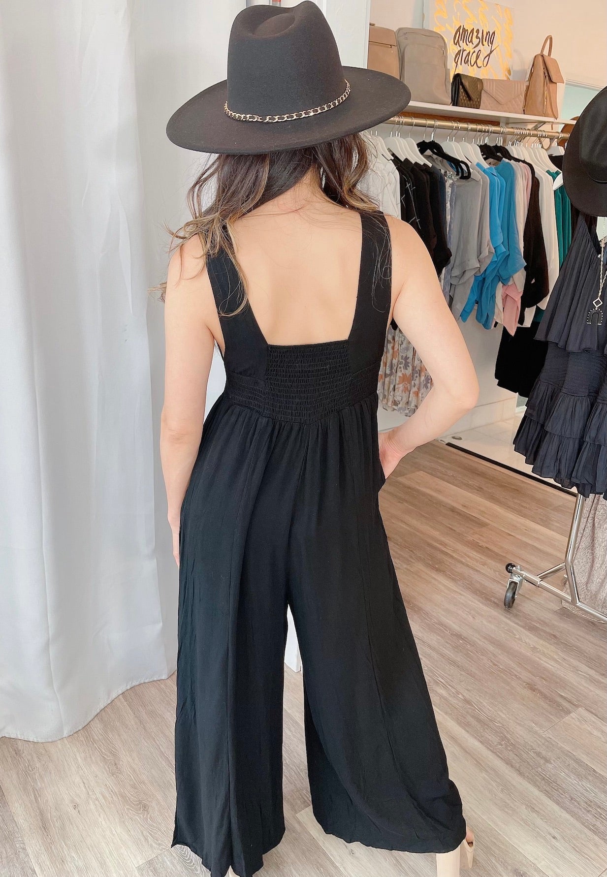 
                  
                    Smocked Top Wide Leg Jumpsuit with Pockets
                  
                