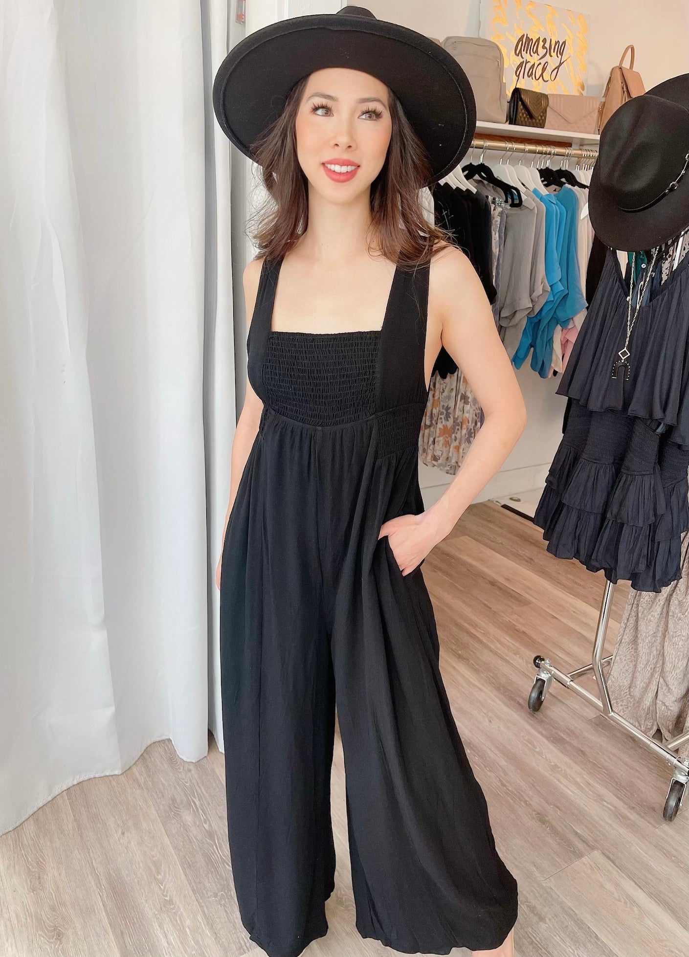 
                  
                    Smocked Top Wide Leg Jumpsuit with Pockets
                  
                
