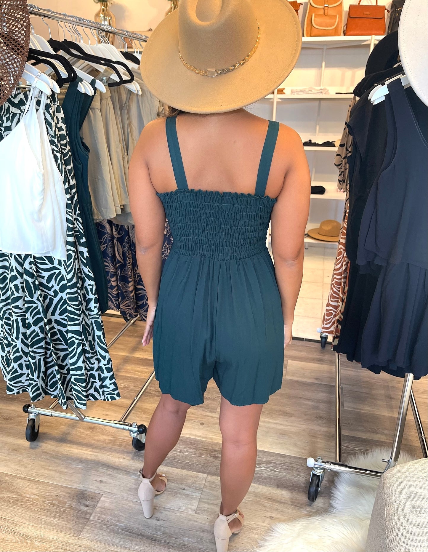 Front and Back Smocked with Side Pocket Wide-Leg Romper