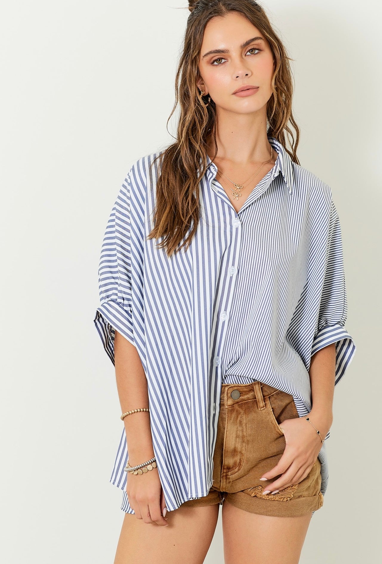 FINAL SALE- Button Down Striped Colorblock Top