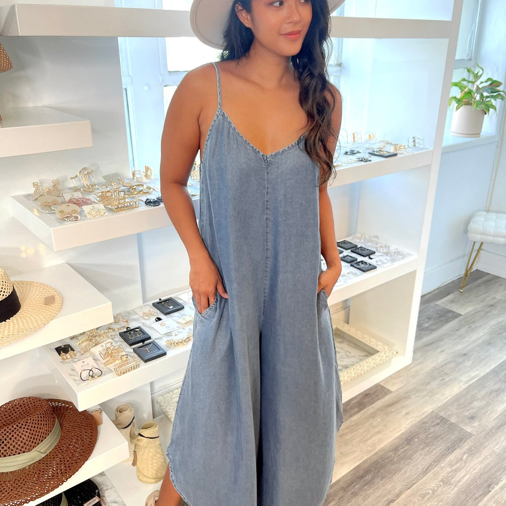 Denim Washed Slouchy Fit Jumpsuit with Adjustable Cami Strap