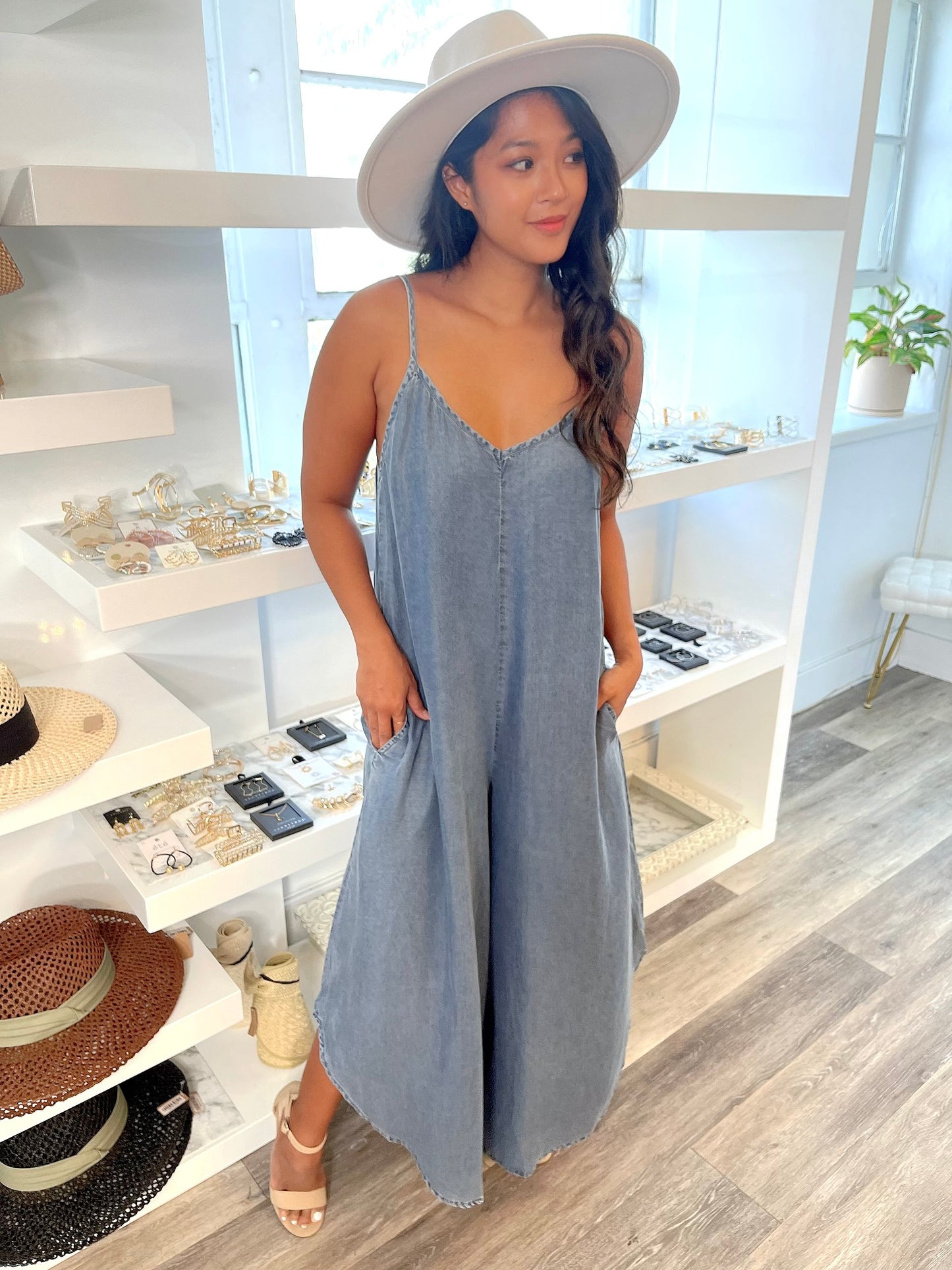 Denim Washed Slouchy Fit Jumpsuit with Adjustable Cami Strap