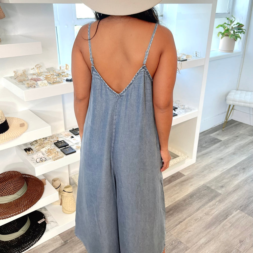 Denim Washed Slouchy Fit Jumpsuit with Adjustable Cami Strap