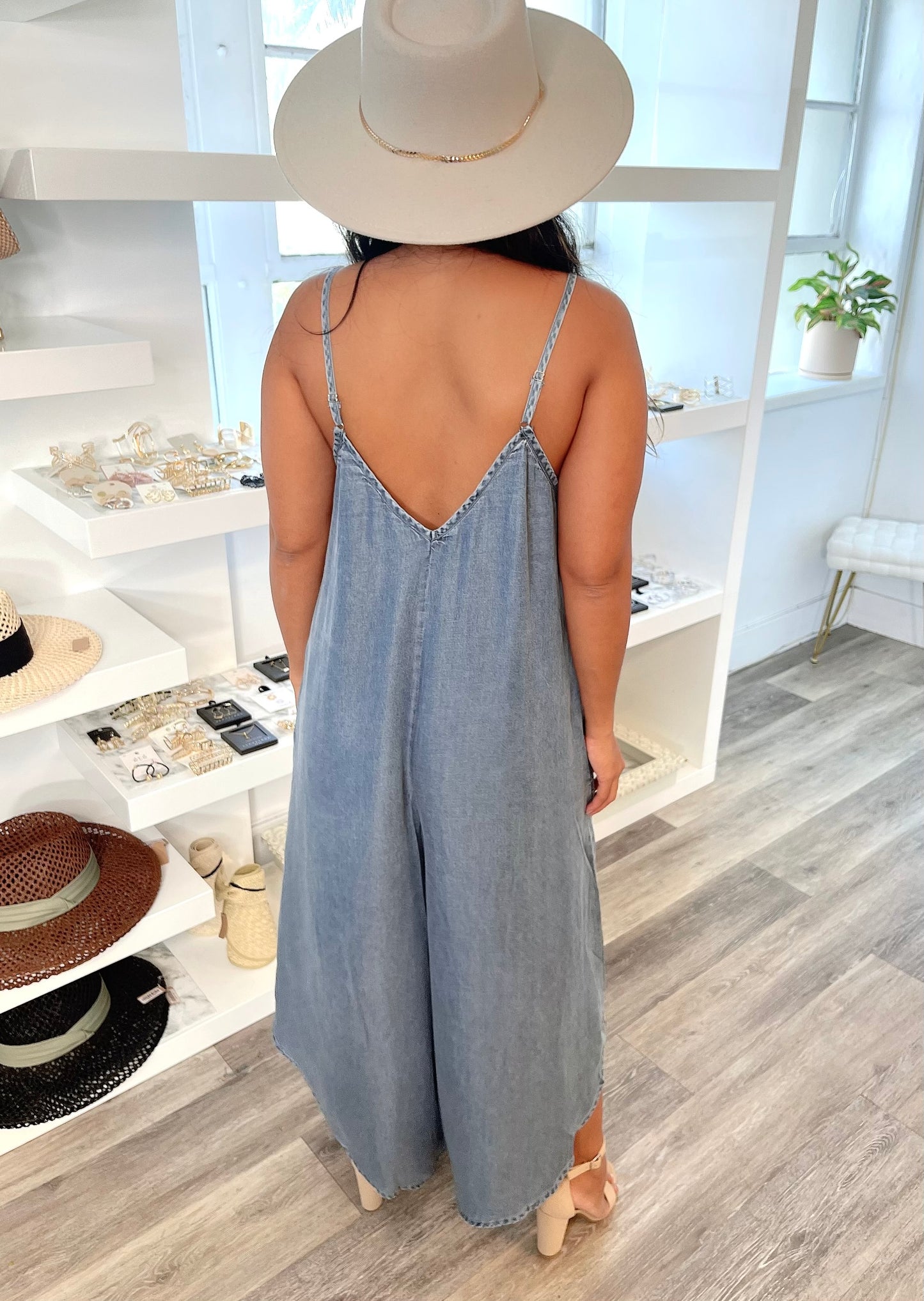 Denim Washed Slouchy Fit Jumpsuit with Adjustable Cami Strap