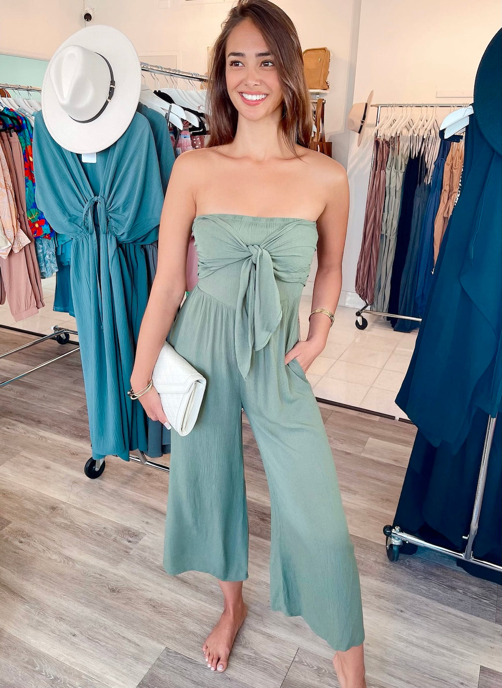 Strapless Tie Front Smocked Jumpsuit
