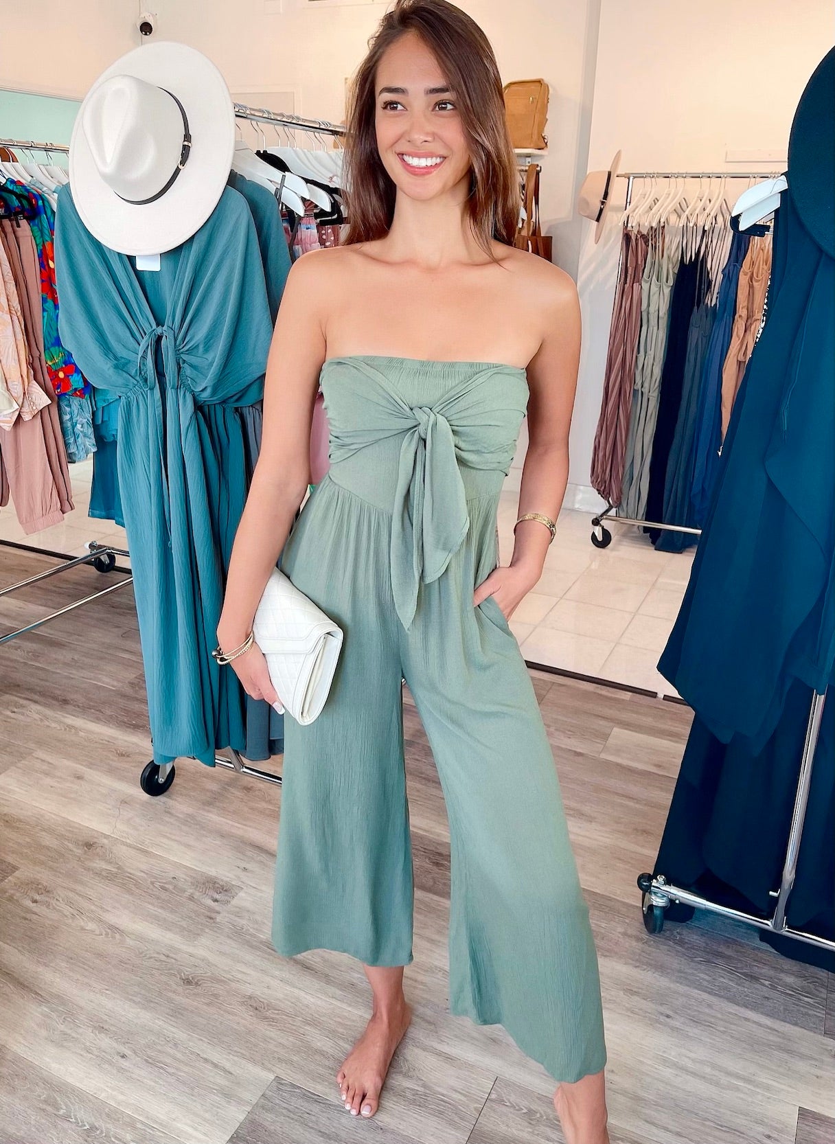 
                  
                    Strapless Tie Front Smocked Jumpsuit
                  
                