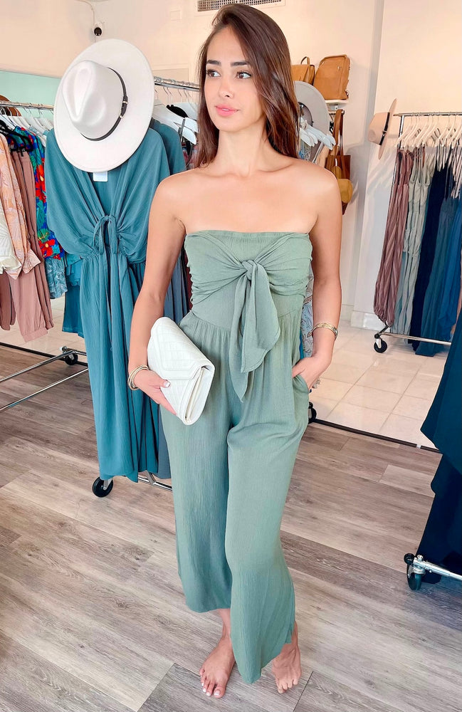 
                  
                    Strapless Tie Front Smocked Jumpsuit
                  
                