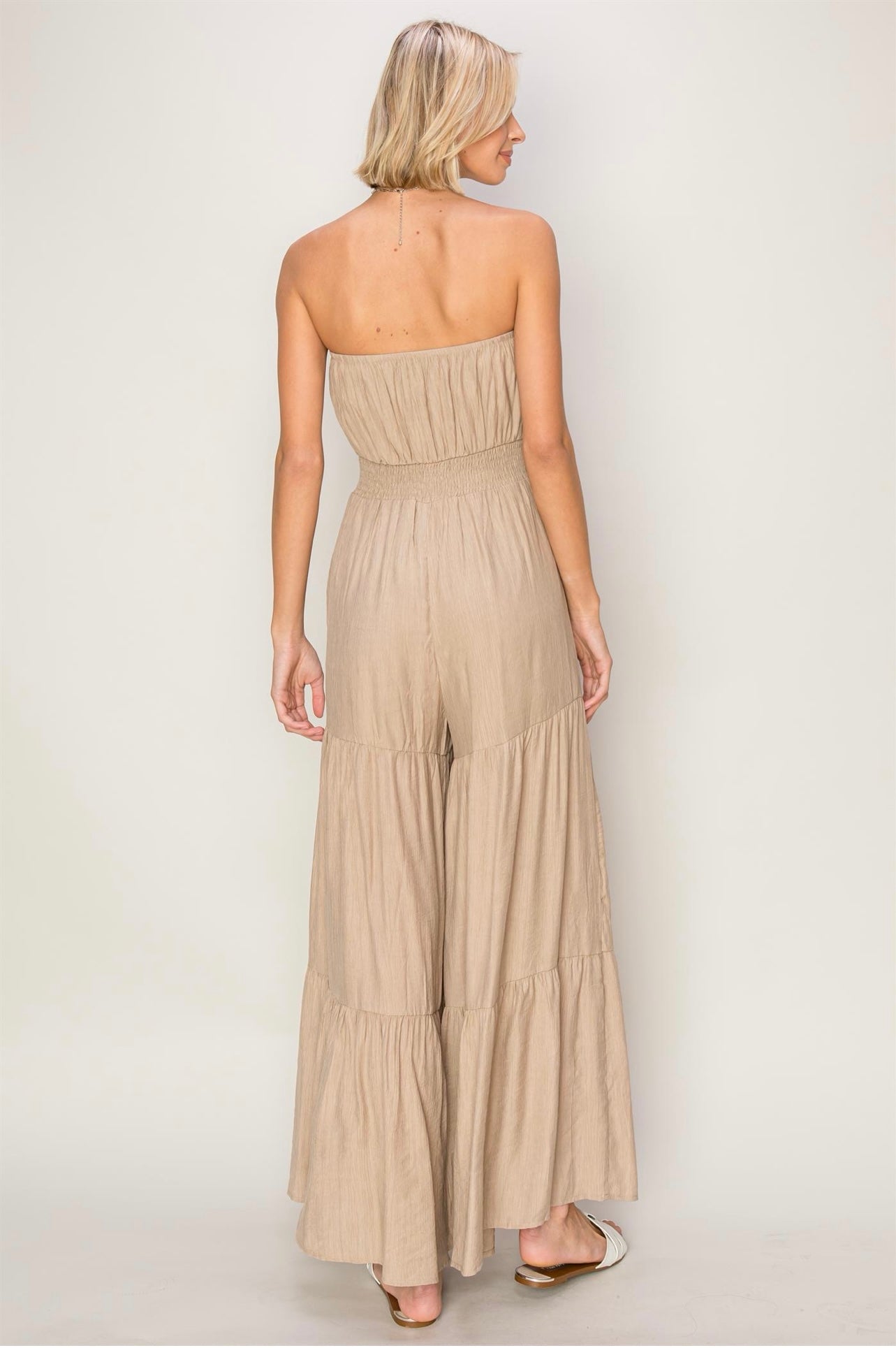 Strapless Woven Tiered Wide Leg Jumpsuit