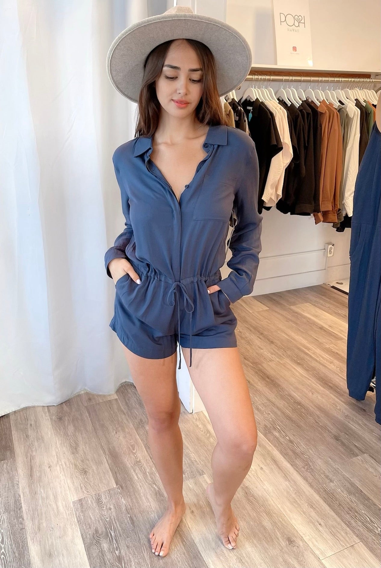 
                  
                    Long Sleeve Button Down Romper with Adjustable Drawstring Waist
                  
                
