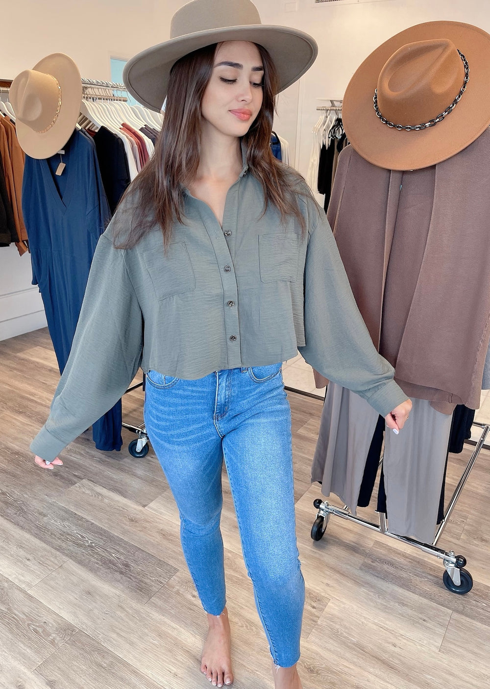 Button Down Loose Fit Woven Crop Top