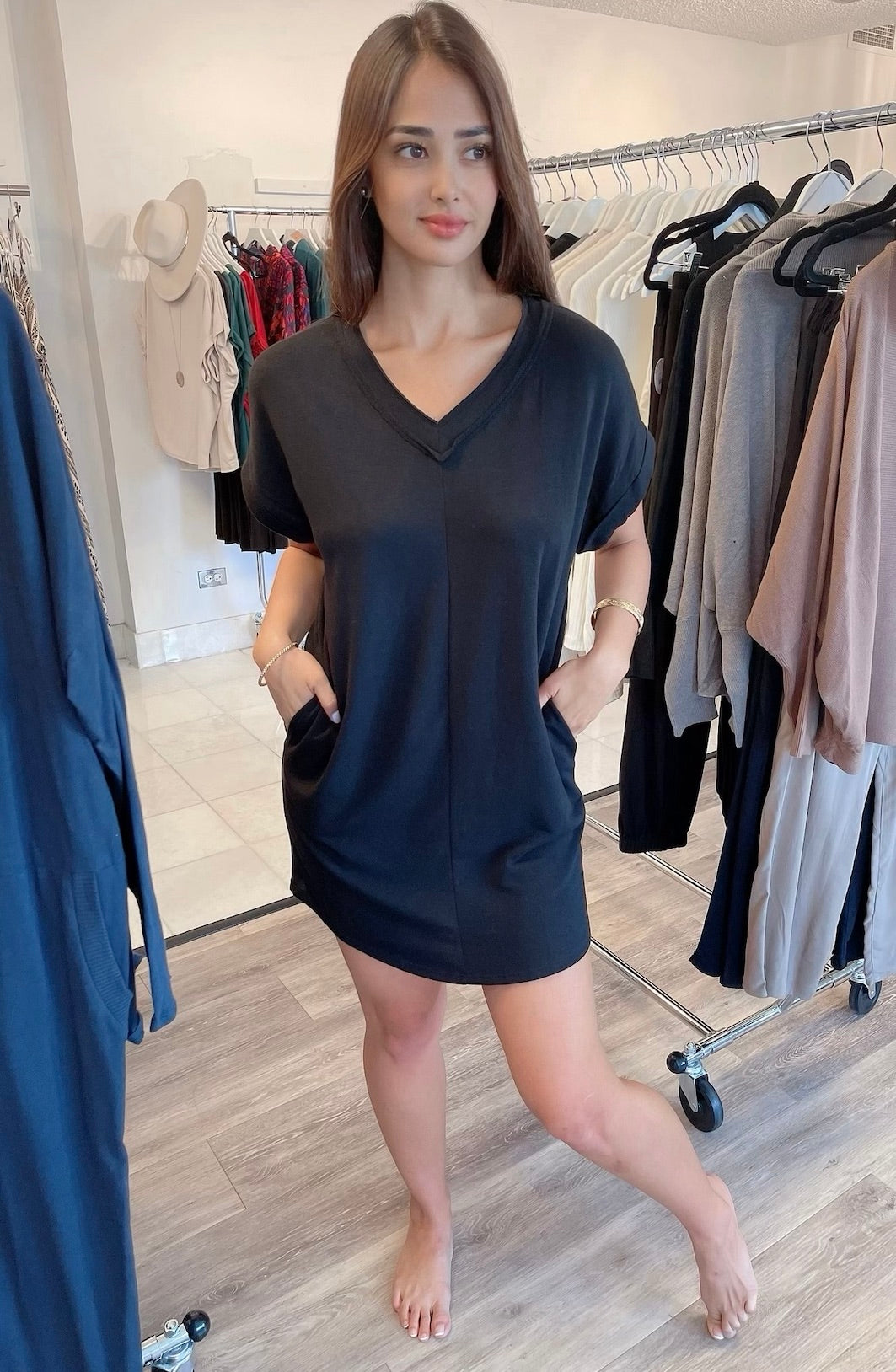 
                  
                    V-Neck French Terry Dresses with Pockets
                  
                