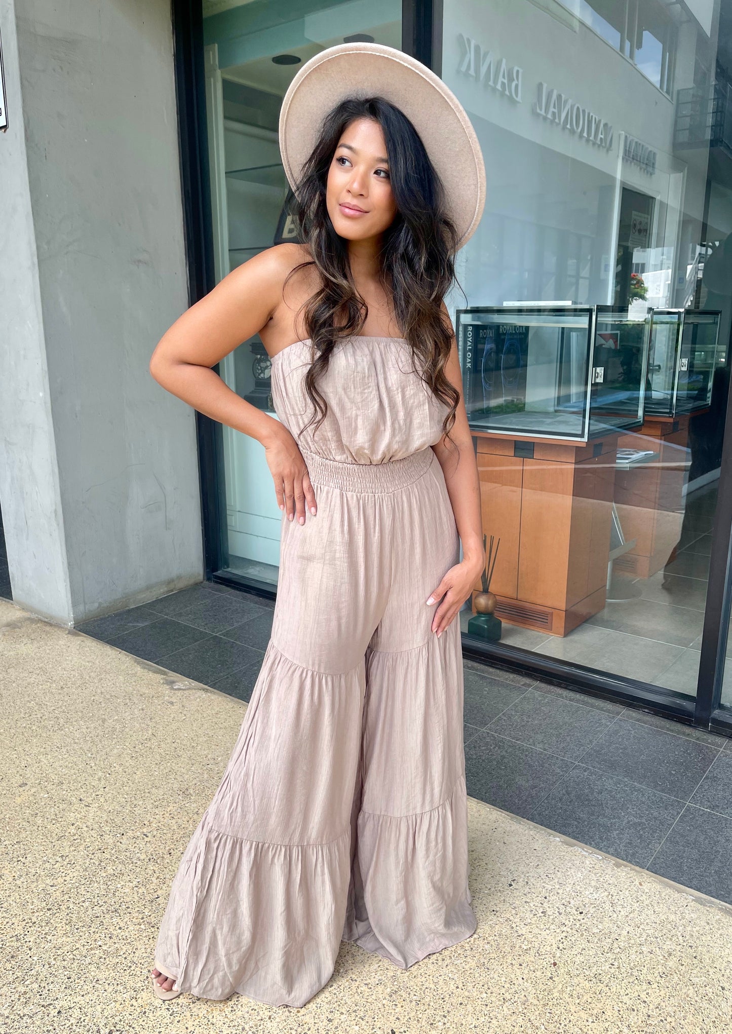 Strapless Woven Tiered Wide Leg Jumpsuit