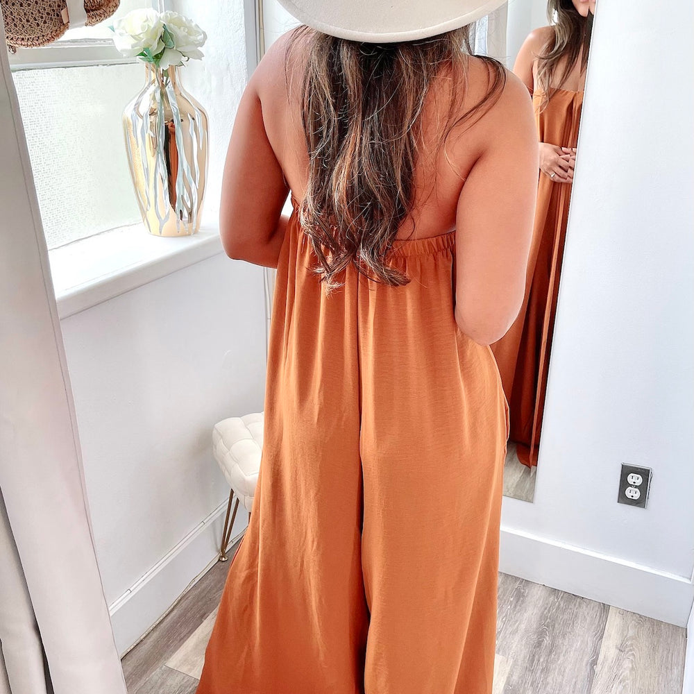 FINAL SALE- Strapless Wide Leg Jumpsuit with Pockets