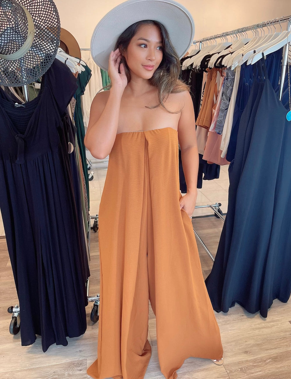 Strapless Wide Leg Jumpsuit with Pockets