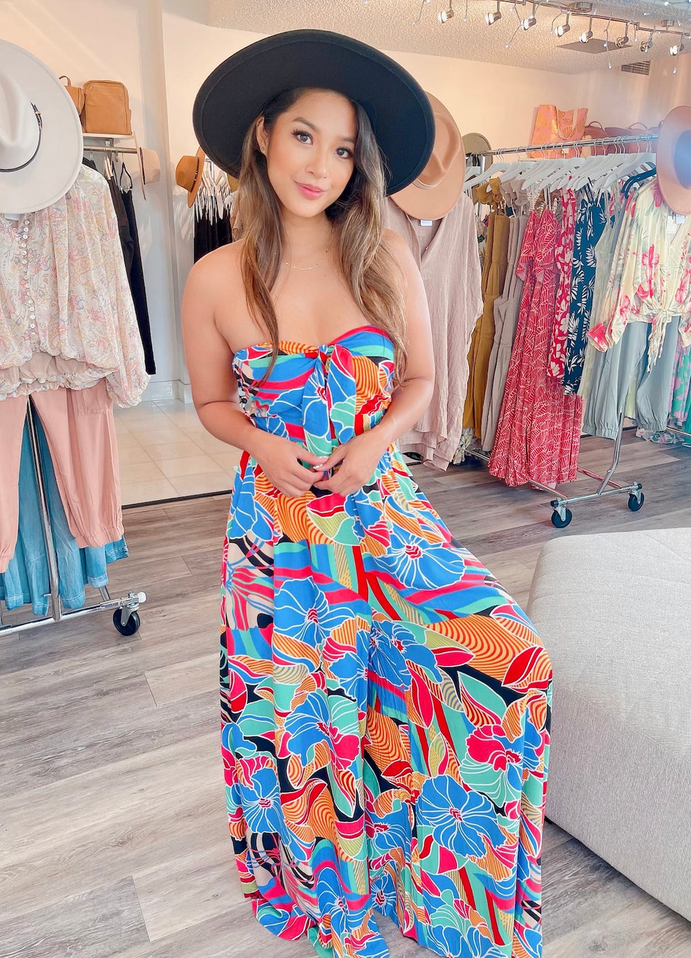 Printed Strapless Jumpsuit with Smocked back Detail
