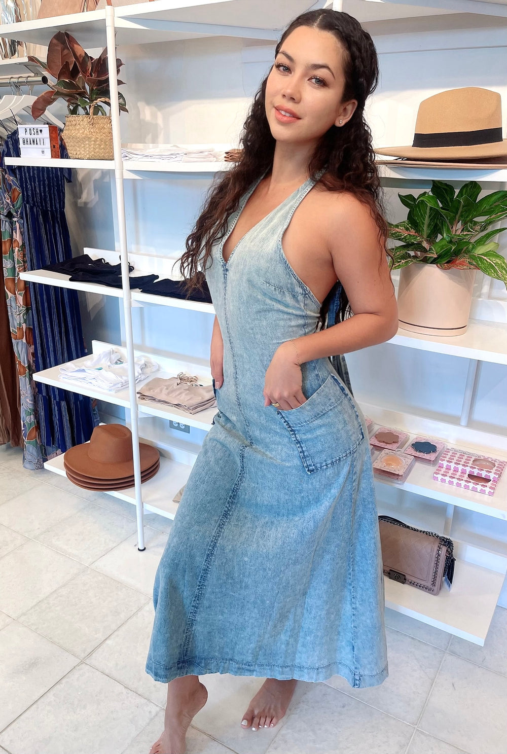 FINAL SALE-Washed Denim Halter Midi Dress with Side Pockets