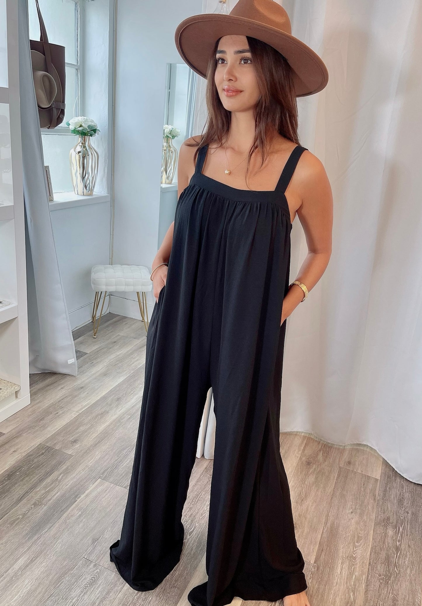 
                  
                    FINAL SALE- Square Neck Woven Jumpsuit with Pockets
                  
                