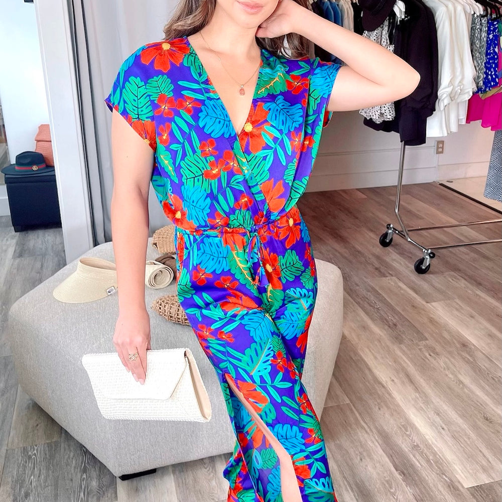 
                      
                        FINAL SALE- Printed Woven Draped Front Jumpsuit with Ankle Tie Detail
                      
                    