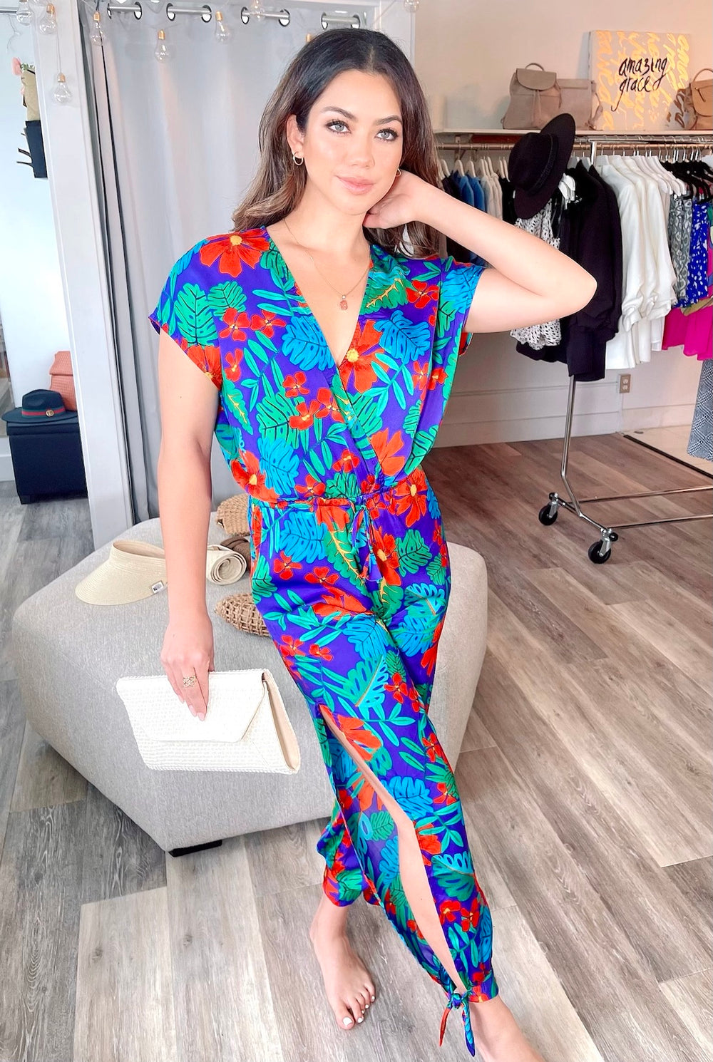 FINAL SALE- Printed Woven Draped Front Jumpsuit with Ankle Tie Detail