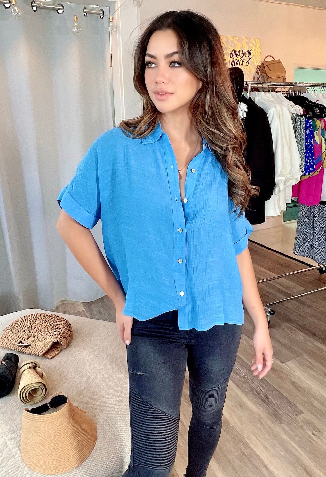 
                  
                    Button Up Woven Cuffed Top
                  
                