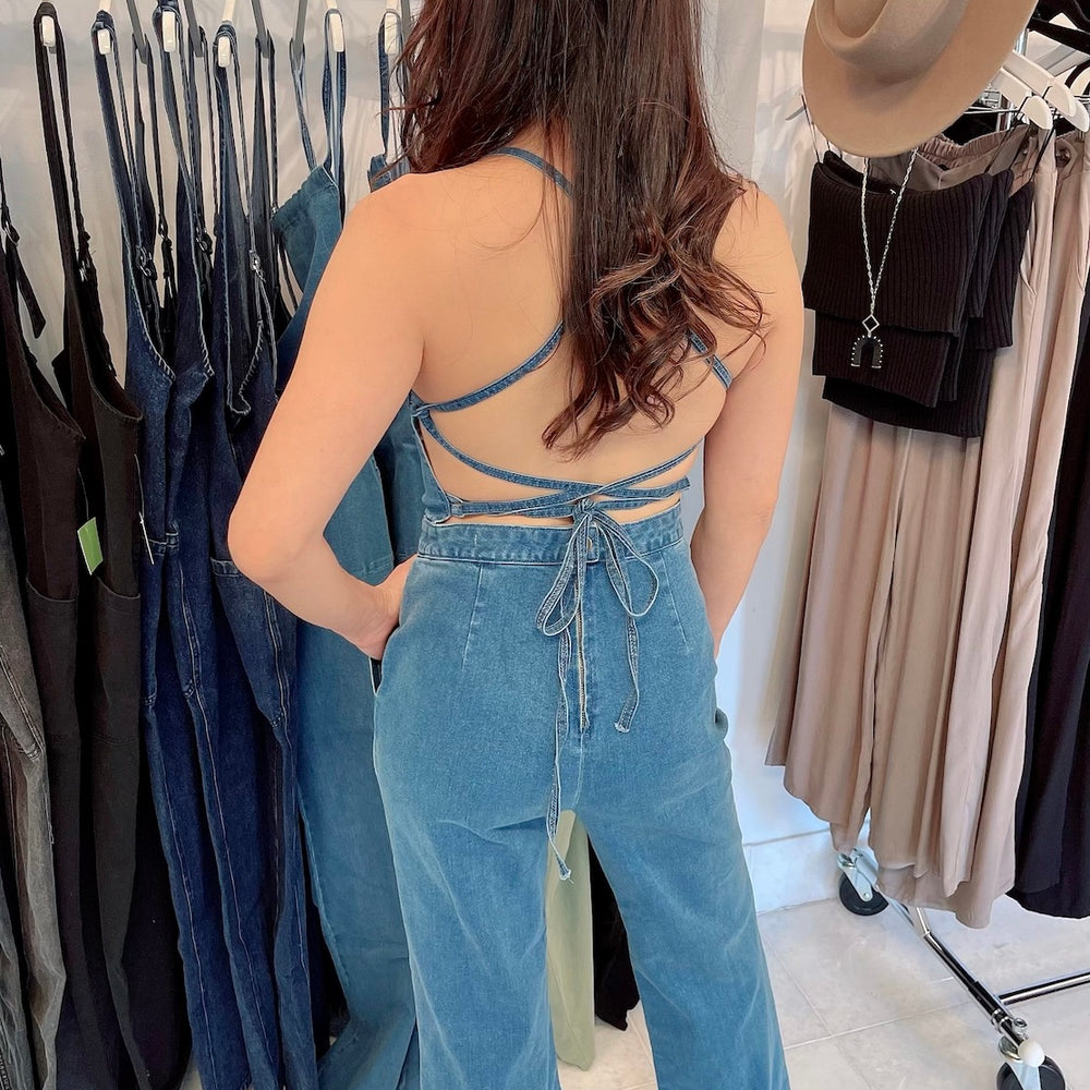 
                  
                    FINAL SALE- Denim Halter Back Tie Jumpsuit with Pockets
                  
                