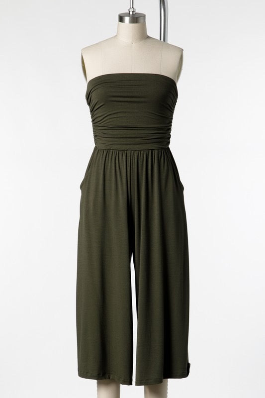 
                      
                        Strapless Shirred Gaucho Jumpsuit with Pockets
                      
                    