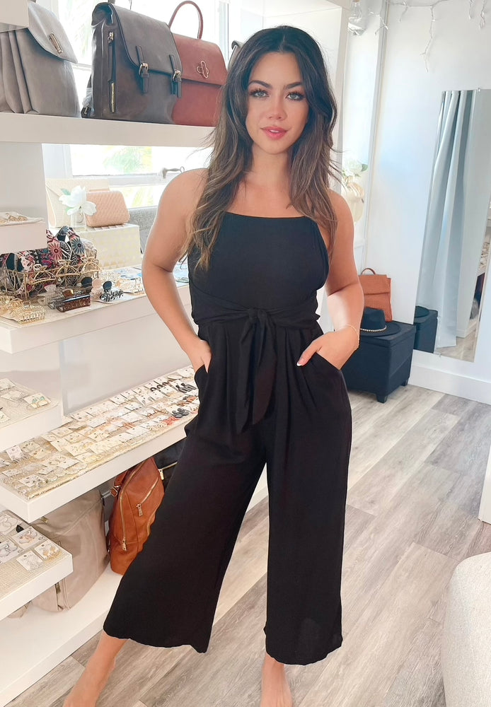 
                  
                    FINAL SALE- Spaghetti Strap Tie Front Wrap Woven Jumpsuit with Pockets
                  
                