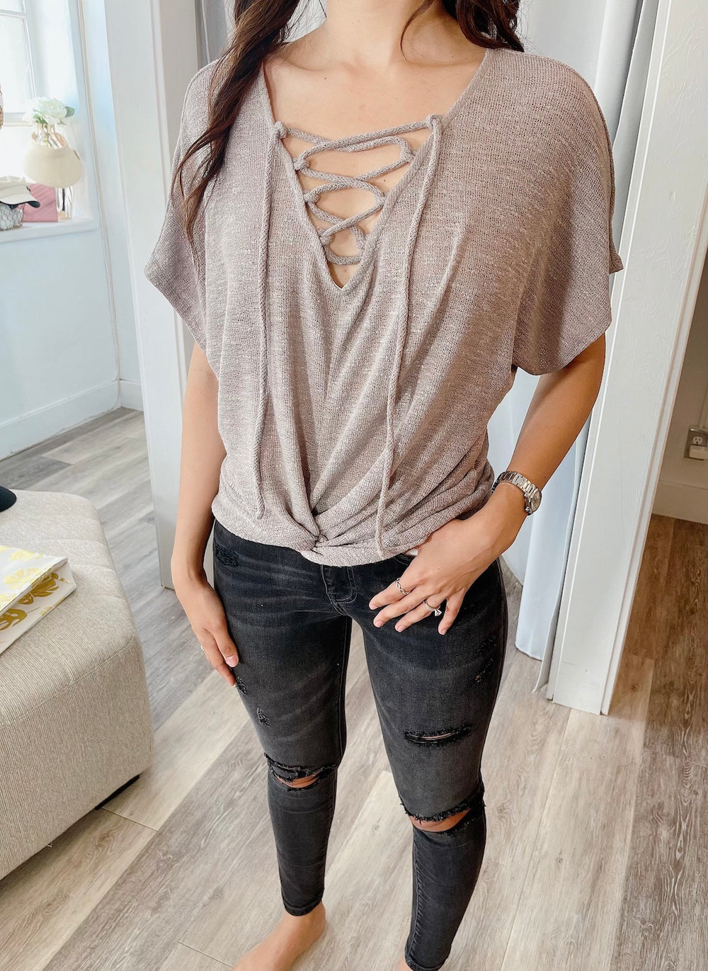 V-Neck Lace Up Twist Front Top